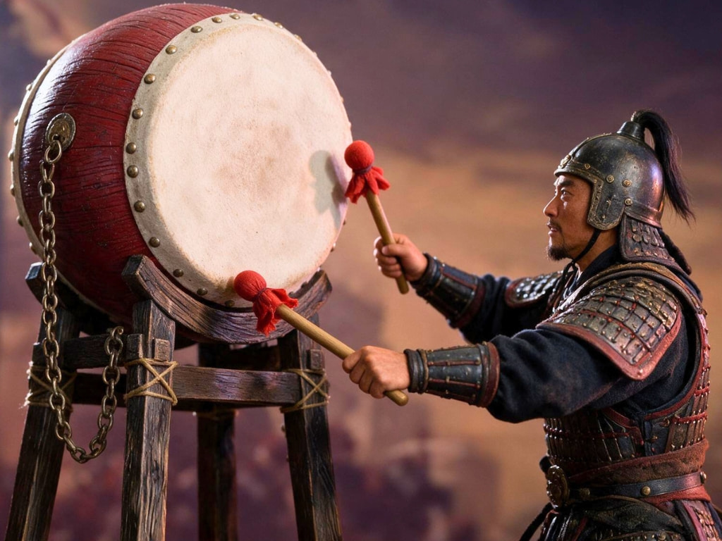 Soldier beating the war drums during a battle in Ancient China; Chinese culture explained from ilovecdrama.com