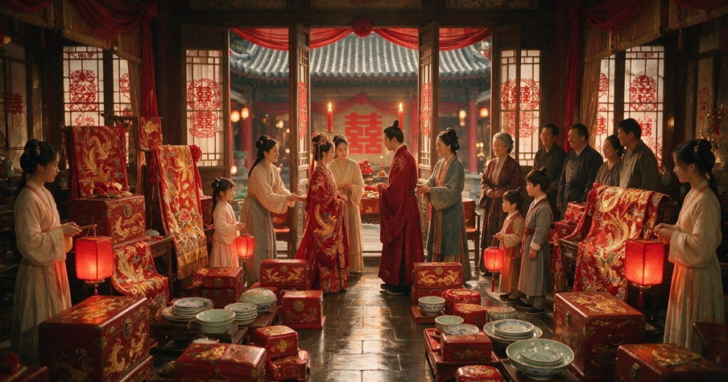 A couple getting married in ancient Chinese era, all dressed in red marital gowns, giving dowry and gifts