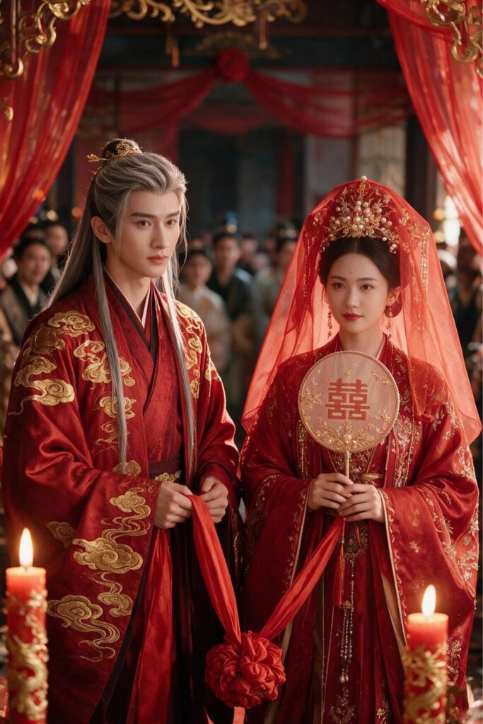 A couple getting married in ancient Chinese era, all dressed in red marital gowns