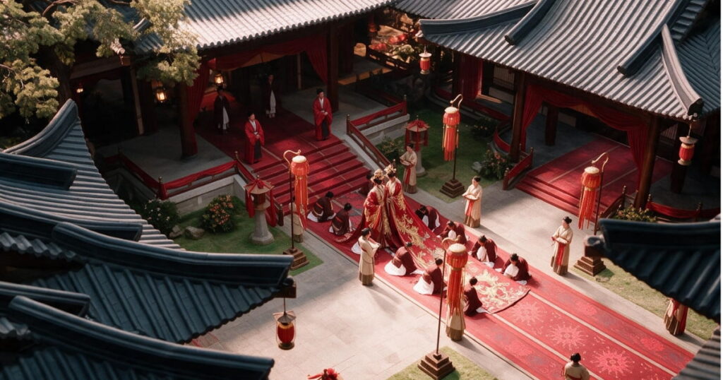 Aerial shot of a couple getting married in ancient Chinese era, all dressed in red marital gowns