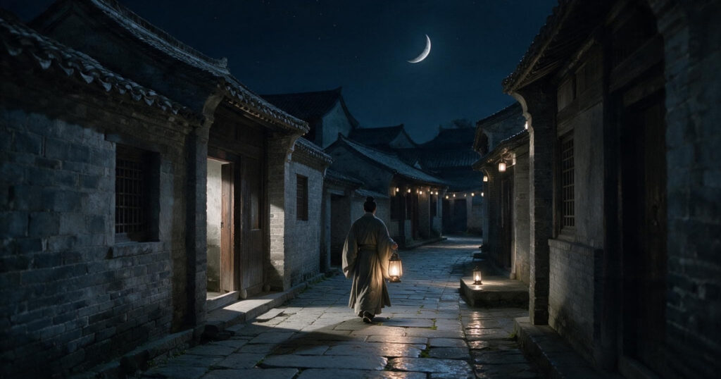Night watchman doing rounds in the neighbourhood at night carrying a lantern and wearing hanfu