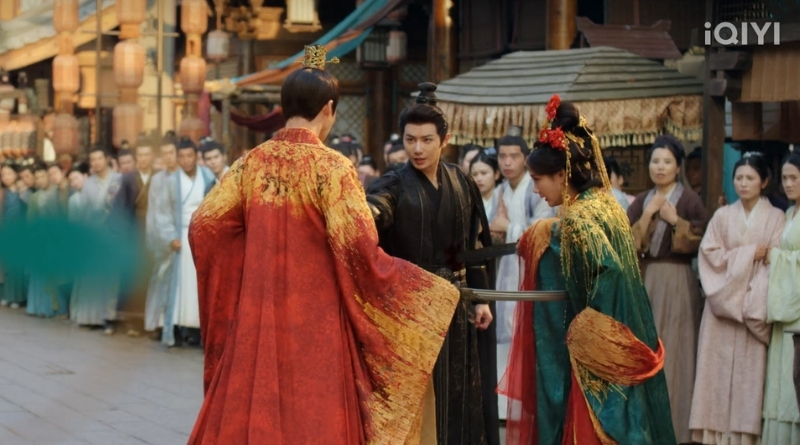 A scene from Chinese period drama, A Dream Within a Dream episode 1 recap of a couple getting married and being stabbed in the street