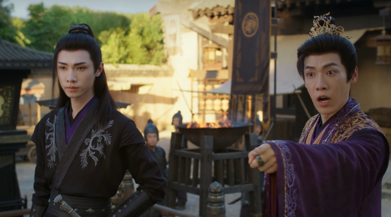 A scene from Chinese period drama A Dream Within a Dream Episode 2 Recap of a prince pointing his fingers in outrage with his bodyguard next to him