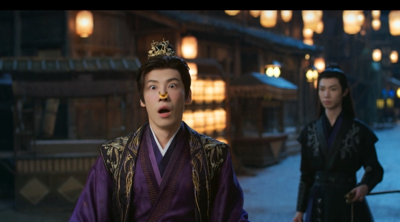 A scene from Chinese period drama, A Dream Within a Dream episode 10 recap of a moth landing on the Princes' nose with his bodyguard watching on