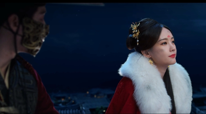 A scene from Chinese period drama, A Dream Within a Dream episode 10 recap of woman sitting on the rooftop talking to a man