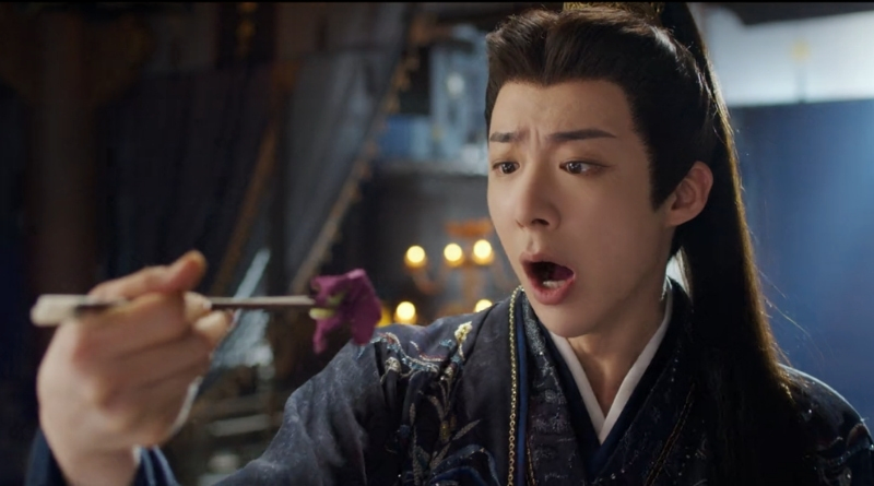 A scene from Chinese period drama, A Dream Within a Dream episode 4 recap of a man forcing himself to eat using chopsticks