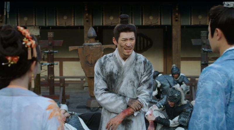 A scene from Chinese period drama, A Dream Within a Dream episode 8 recap of man injured from an explosion