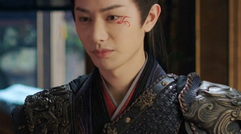 A scene from A Dream Within A Dream Chinese period drama of a man in armour with a mark on the side of his eye