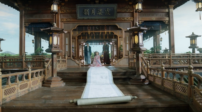 A scene from Chinese period drama, A Dream Within a Dream episode 9 recap of opening a super long scroll down the stairs