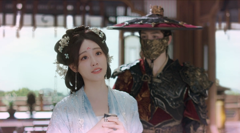 A scene from Chinese period drama, A Dream Within a Dream episodes 17-19 recap of a woman talking to a man in a mask and hat