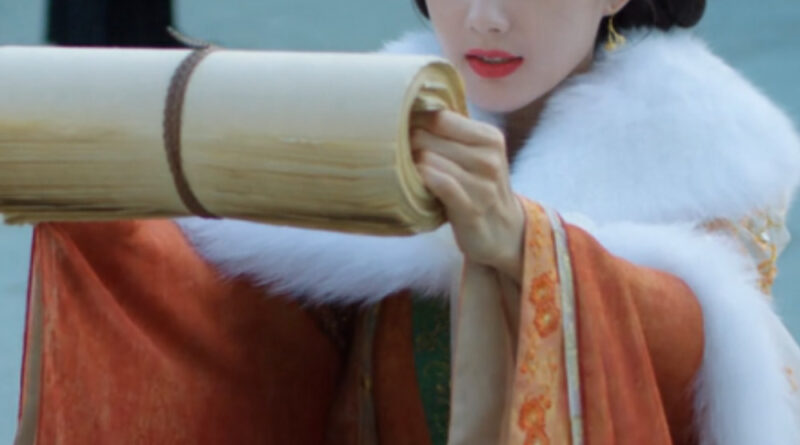 A scene from A Dream Within A Dream Chinese period drama of woman kneeling holding a roll of documents