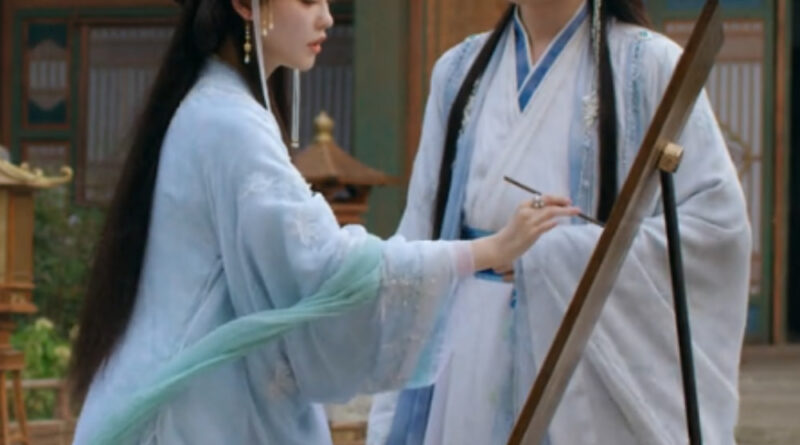 A scene from A Dream Within A Dream Chinese period drama of a woman painting while talking to a man who is watching her