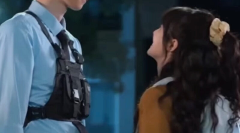 Affinity Chinese Drama scene of a brother in his police uniform talking to his sister carrying a backpack on the streets