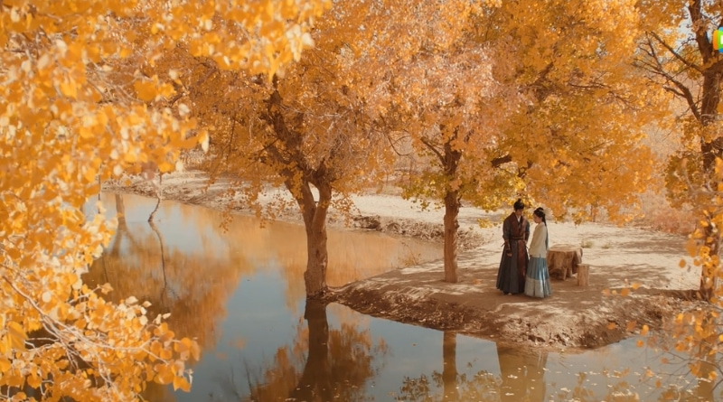 Scene from modern Chinese drama The Road To Splendor Episode 13 recap of a man and a woman standing by the lake under yellow leaf trees