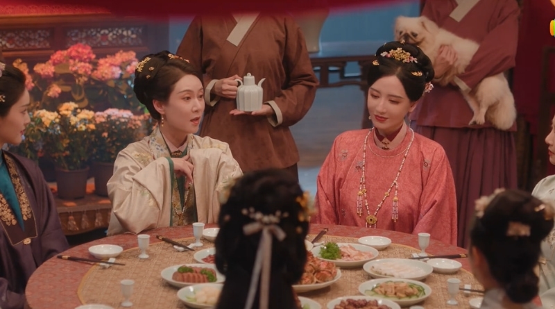 Scene from modern Chinese drama The Road To Splendor Episode 7 recap of woman enjoying a banquet with food and wine