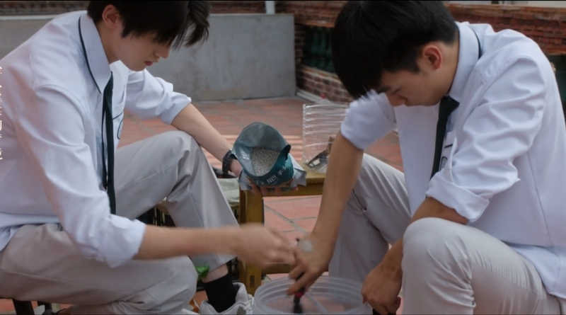 Scene from modern Chinese drama Road To Success Episodes 25-26 recap of 2 male student doing some gardening