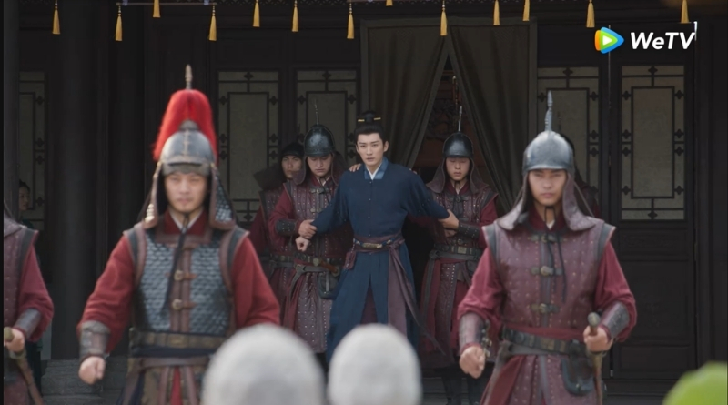 Scene from period Chinese drama Against The Current (2026) Episode 14 Recap and review of a man dressed in blue being arrested by soldiers