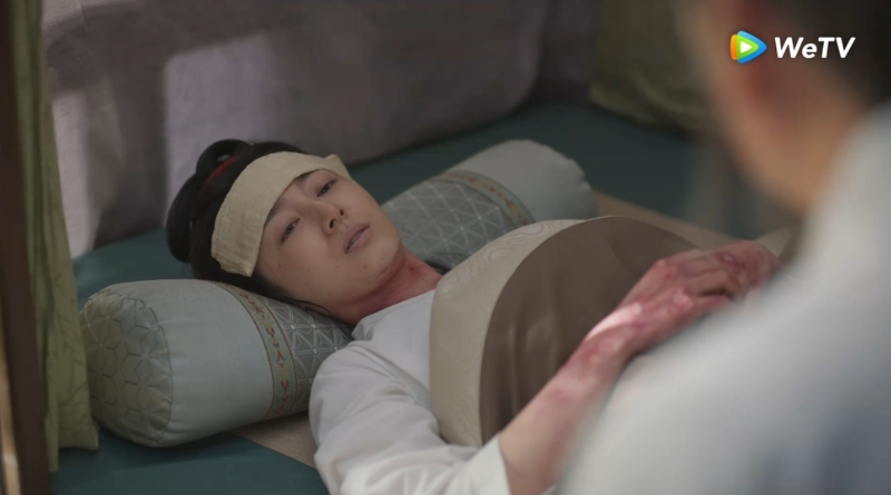 Scene from period Chinese drama Against The Current (2026) Episode 15 Recap and review of a woman lying in bed with bad sores on her arms and neck