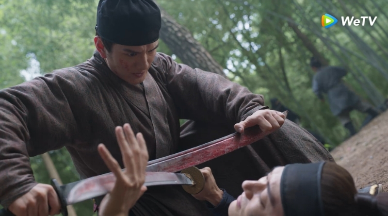 Scene from period Chinese drama Against The Current (2026) Episode 18 Recap and review of a man pushing is sword onto another man in the ground, in a bamboo forest