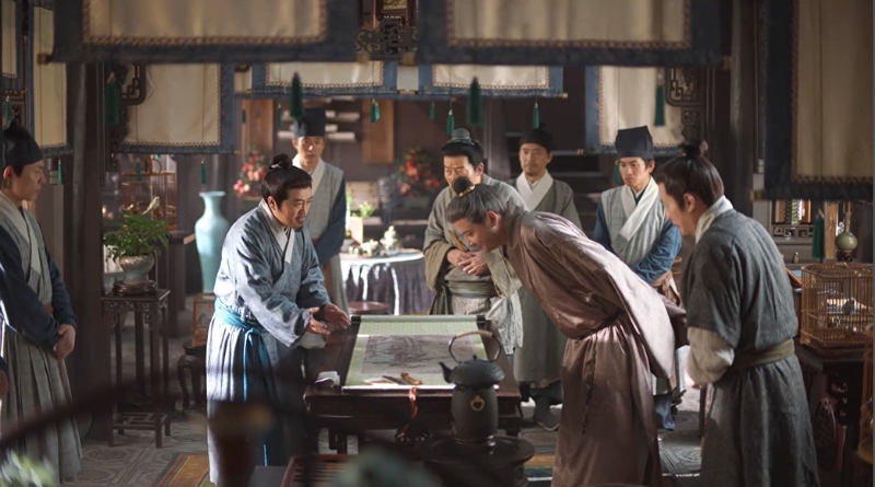 Scene from period Chinese drama Against The Current (2026) Episode 2 Recap and review of group of men admiring a painting in a shop