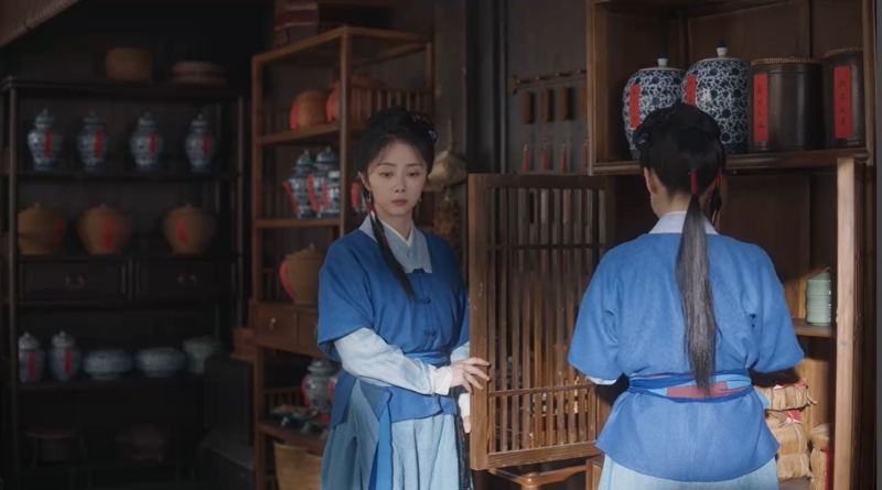 Scene from period Chinese drama Against The Current (2026) Episode 4 Recap and review of 2 maids dressed in blue in a tea room