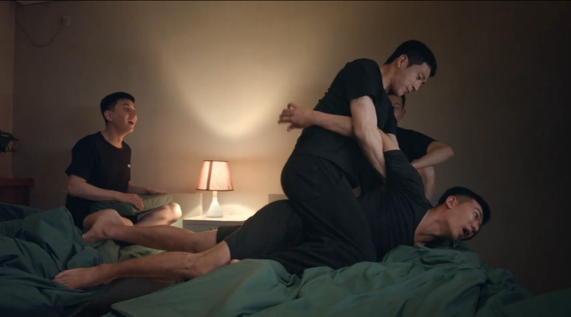 Scene from modern Chinese drama Road Home Episode 24 recap and review of off duty policemen mucking around in their room