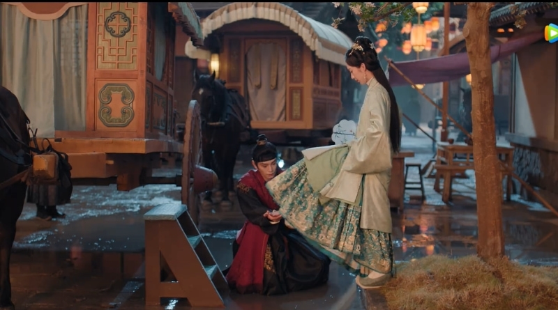 A scene from The Road To Splendor Romance Review and Recap (2026) of a man helping a woman cross onto the carriage