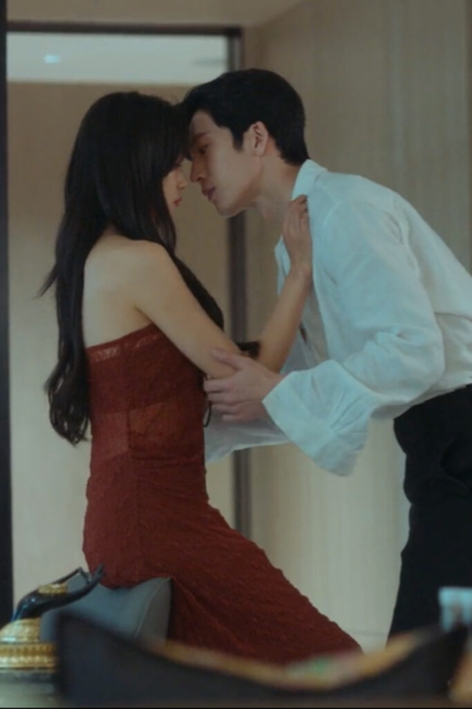 Scene from modern Chinese drama The Early Spring Episode 13 recap and review of a couple kissing in a hotel room