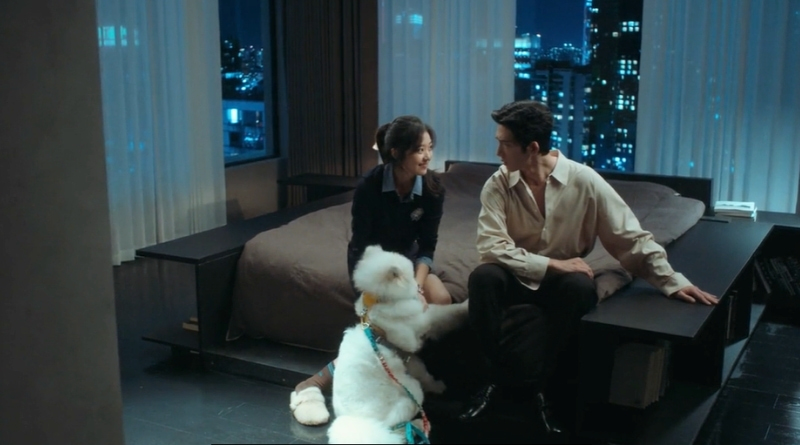 Scene from modern Chinese drama The Early Spring Episode 15 recap and review of a couple talking in bed with a samoyed dog