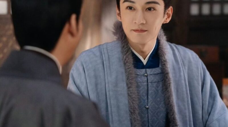 Scene from period Chinese drama Against The Current (2026) Episode 29 Recap and review of a man in blue hanfu smiling as he's talking to another man