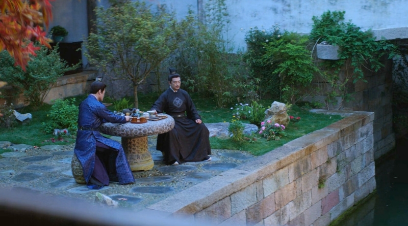 Scene from period Chinese drama Spring of The Blade (2026) Episode 12 Recap and review of 2 men sitting by the river and having tea