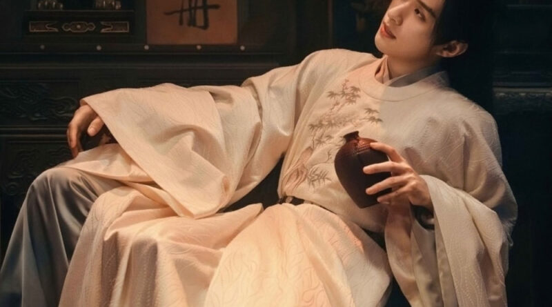 Scene from period Chinese drama Spring of The Blade (2026) Episode 26 Recap and review of a man in white hanfu lounged on a chair holding a bottle of wine