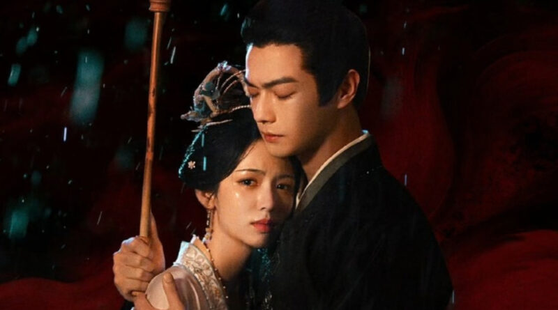 Scene from period Chinese drama Spring of The Blade (2026) Episode 29 Recap and review of a couple hugging while he is holding an umbrella