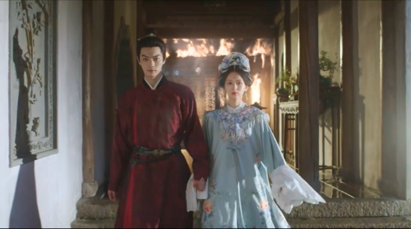 Scene from period Chinese drama Spring of The Blade (2026) Episode 30 Recap and review of a couple walking out of a burning building, hand in hand, looking revengeful