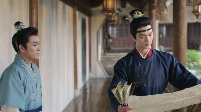 Scene from period Chinese drama Spring of The Blade (2026) Episode 4 Recap and review of 2 men looking at a document in a corridor of a house