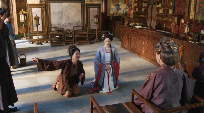 Scene from period Chinese drama Spring of The Blade (2026) Episode 7 Recap and review of 2 women kneeling in front of an old woman, angry